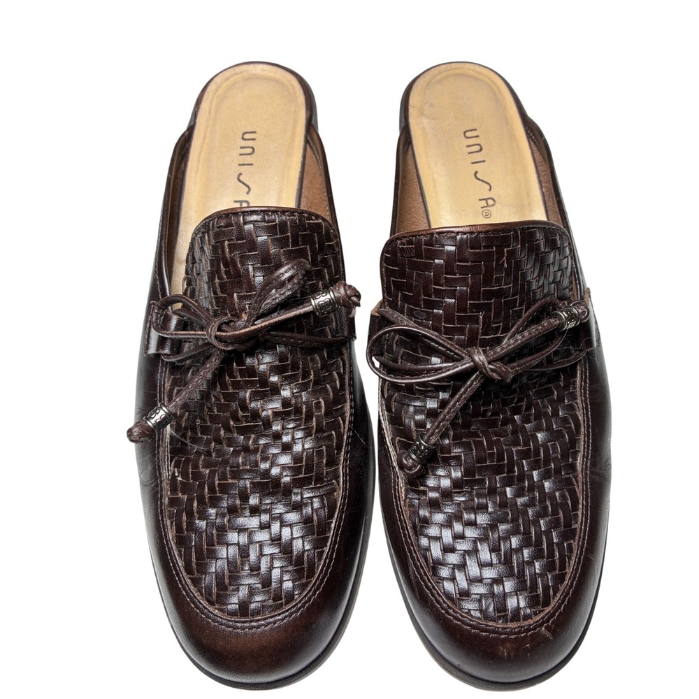 Unisa Woven Leather Bow Mules Dark Brown Block Heel Brazil Women's Size 7B